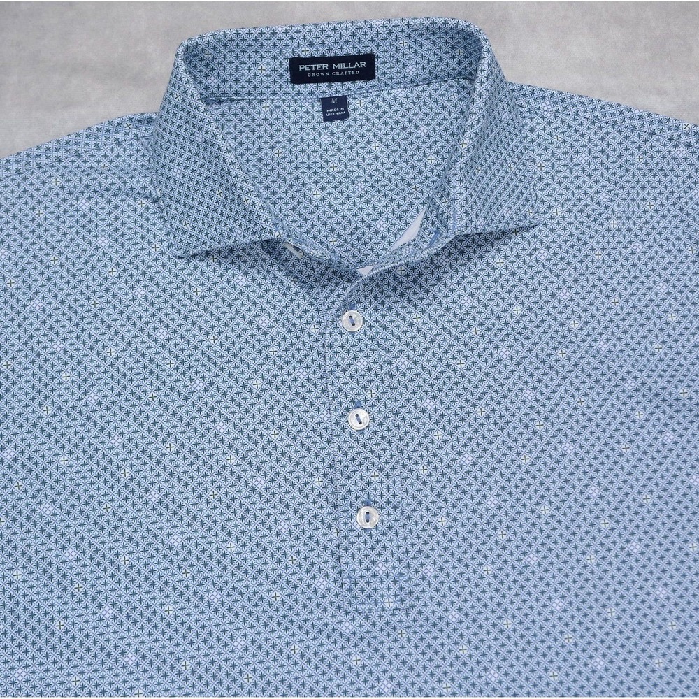 Peter Millar Crown Crafted Mens M Blue Geometric Performance Polo Shirt MINT!